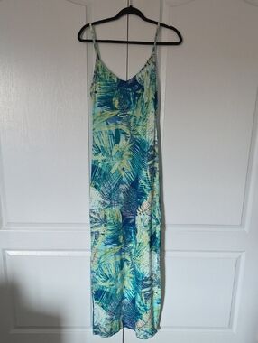 Slip Maxi Dress in Teal & Lime Palm Print